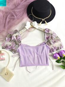 1pc Cute Butterfly Ditsy Floral Puff Sleeve Drawstring Tie Crop Top Corselet For Women
