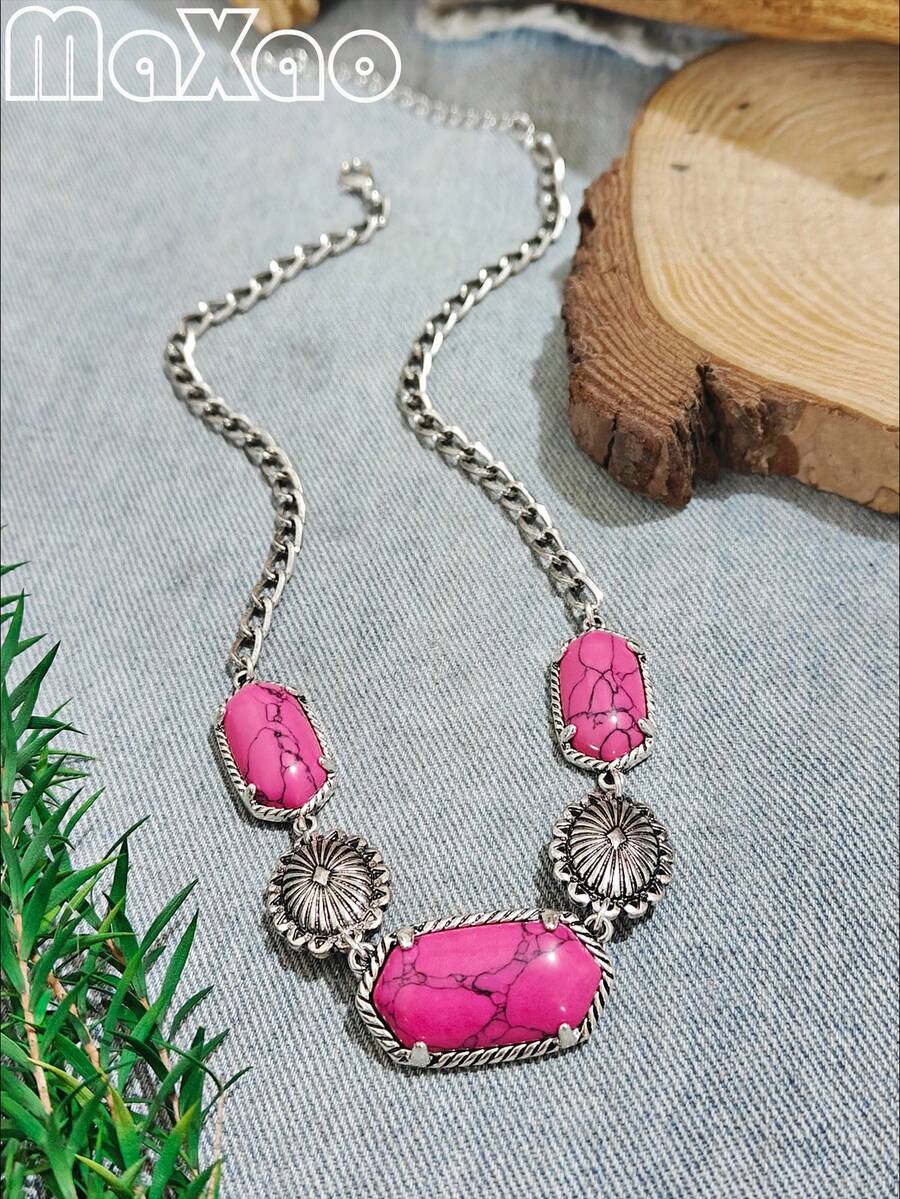 复古西南风格绿松石 + 牛仔链项链，适合女士佩戴，全绿松石珠，设计独特，不褪色，适合女性休闲佩戴