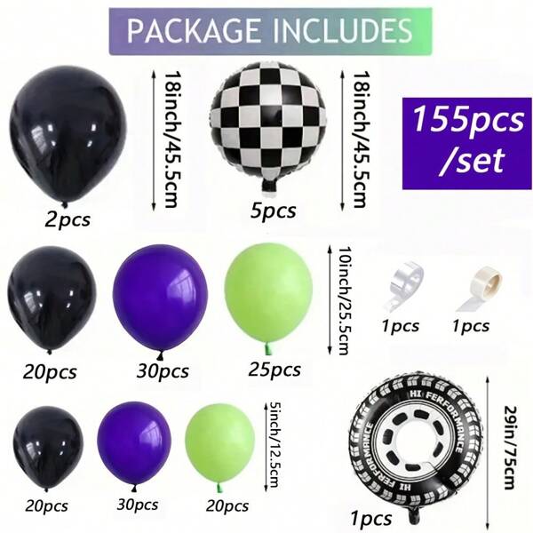 155pcs Truck Theme Balloon Garland Arch Set, Black Green Purple Balloon Combo Including Grid Balloons & Tire Balloons, Suitable For Truck Birthday Party, Racing Party Decor