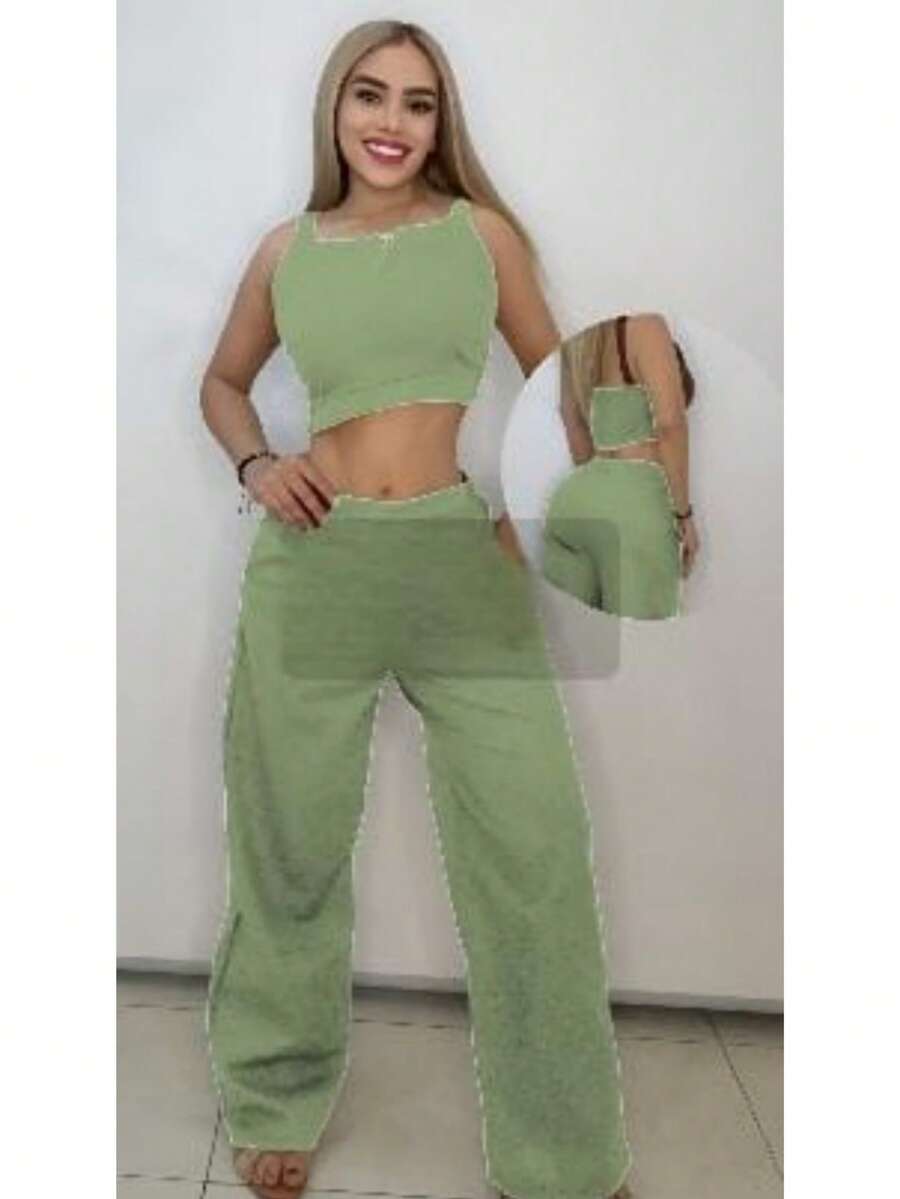 Two-Piece Linen Set Plain Elegant Knot Pocket - Green - View 1