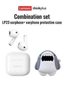 Lenovo LP23 Bluetooth Earphones Set - Half In-Ear, Stereo Sound, HD Voice Call, Sensitive Microphone, Smart Noise Cancellation, Music/Game Dual Mode, Low Latency, Long Battery Life, Suitable For Smartphones & Computers - White Earphones + Shark Protective Case - View 3