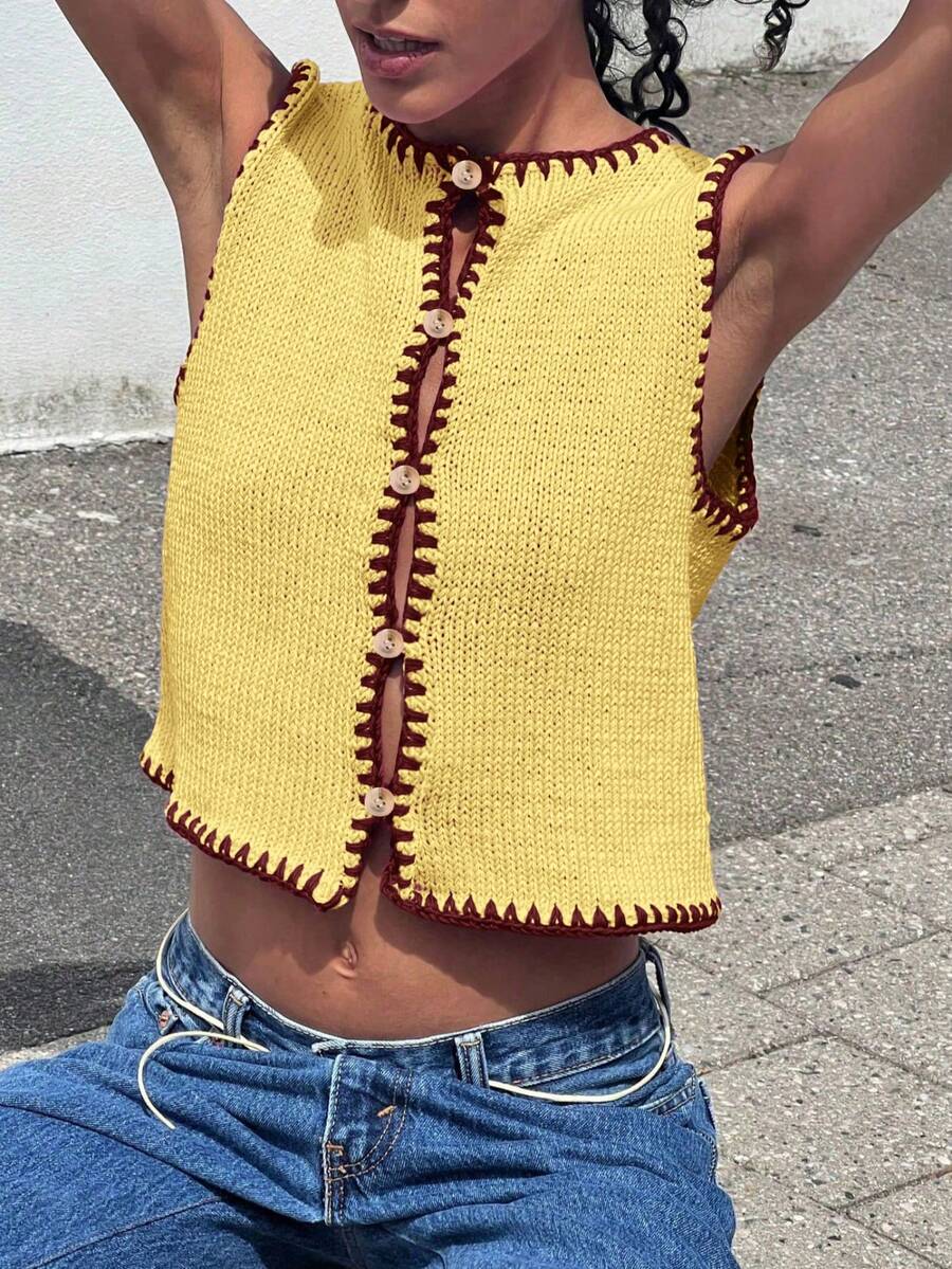 女士轻薄开衫上衣，休闲撞色无袖针织背心，Y2K风格，适合日常、通勤、购物、海滩、休闲等场合，简约百搭。也适合秋季穿着，Y2K风格上衣，街头朋克风。 - 黃色 - 查看 1