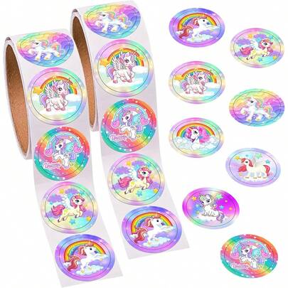 500 miếng/cuộn Miếng dán Graffiti Kỳ Lân Ảo Giác Màu Tím, Tròn 1 inch, Thích hợp để trang trí sổ lưu niệm DIY cho bé gái, Nhật ký viết tay, Phần thưởng cho giáo viên trường học, Nhãn dán PVC chống thấm nước