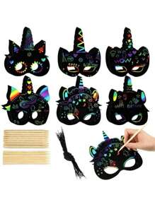 1/6/12pcs Unicorn Scratch Mask, 6 Styles Rainbow Unicorn Scratch DIY Mask Party Favor, Unicorn Themed Birthday Party Decor Craft Set With Wooden Stylus And Elastic Band, Valentine's Day Party Gift