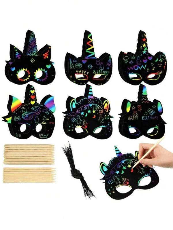 1/6/12pcs Unicorn Scratch Mask, 6 Styles Rainbow Unicorn Scratch DIY Mask Party Favor, Unicorn Themed Birthday Party Decor Craft Set With Wooden Stylus And Elastic Band, Valentine's Day Party Gift