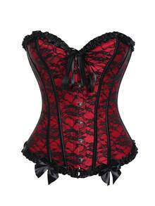 Bowknot Women Overbust Corset Lace Up Bustier Top Retro Burlesque Basque Halloween Costume Cosplay Body Shaper Shapewear Lingerie Waist Cincher Floral Printed Plus Size Boned - Dark Red - View 2