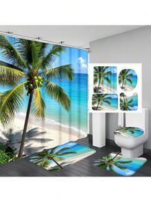 1pc/4pcs Tropical Seaside Beach Coconut Tree Printed Multifunctional Bathroom Decor Set, Includes Shower Curtain 12 Hooks, Anti-Slip Mat, U-Shaped Mat & Round Toilet Cover, For Whole Bathroom Back To School
