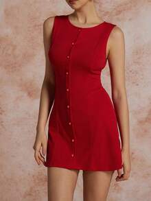 Vestido informal elegante de color rojo sólido con botones