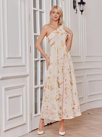 Gold Foil Ruffle Asymmetrical Neck A-Line Bridesmaid Dress, Elegant For Wedding Party, Evening Cocktail