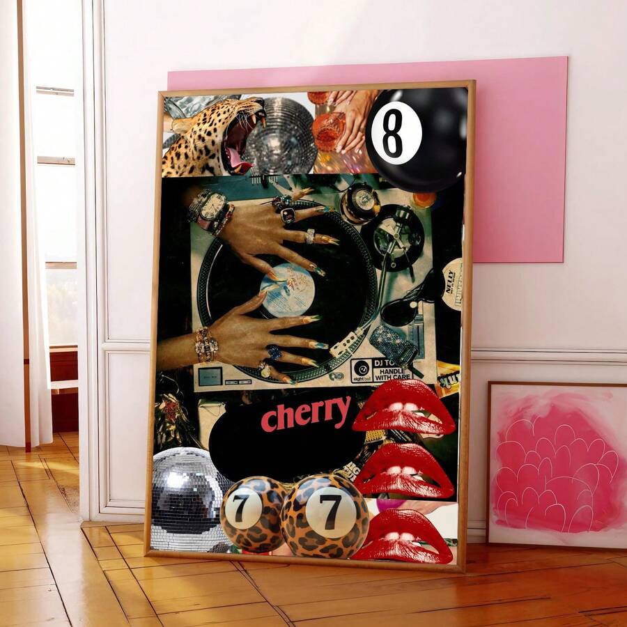 1幅拼贴墙画，音乐DJ女孩印花帆布画，时尚Y2K豹纹海报，唯美音乐黑胶唱片装饰画，适合卧室、客厅或公寓，青少年宿舍装饰，送给她的礼物，可选择带框或不带框。 - 彩色 - 查看 1