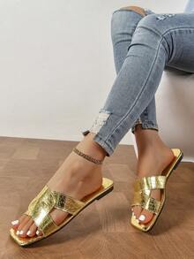 Fashionable Brand H Girl's Lace-Up Slippers, Casual Outdoor Roman Slip-On Sandals, Flat Embossed Slippers, Recommended By Bloggers, Desert Key French Retro Lace-Up Low Heel Round Toe Indoor Outdoor Anti-Odor Anti-Slip Simple Slippers, Girl Alligator Texture Slippers, Versatile Metal Decor Flat Lace-Up Slippers, Stylish Sandals For Summer - Gold - View 5