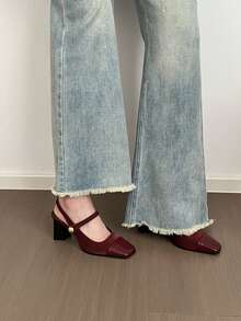 勃艮第复古法式玛丽珍高跟鞋，2025年春季新品，独特方头粗跟露背系带鞋，复古小皮鞋，女士浅口鞋 - 酒紅色 - 查看 1