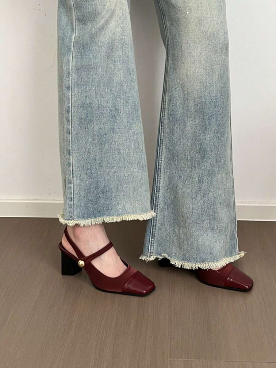 勃艮第复古法式玛丽珍高跟鞋，2025年春季新品，独特方头粗跟露背系带鞋，复古小皮鞋，女士浅口鞋 - 酒紅色 - 查看 1