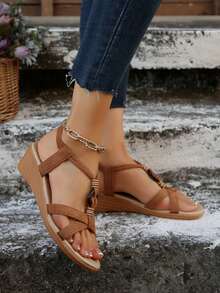 Women's Bohemian Style Wedge Sandals, Suede Leather Casual Vacation Slip-On Platform Shoes, Non-Slip Thick Sole, Fashion Versatile Wedge Sandals, Brown - Brown - View 6