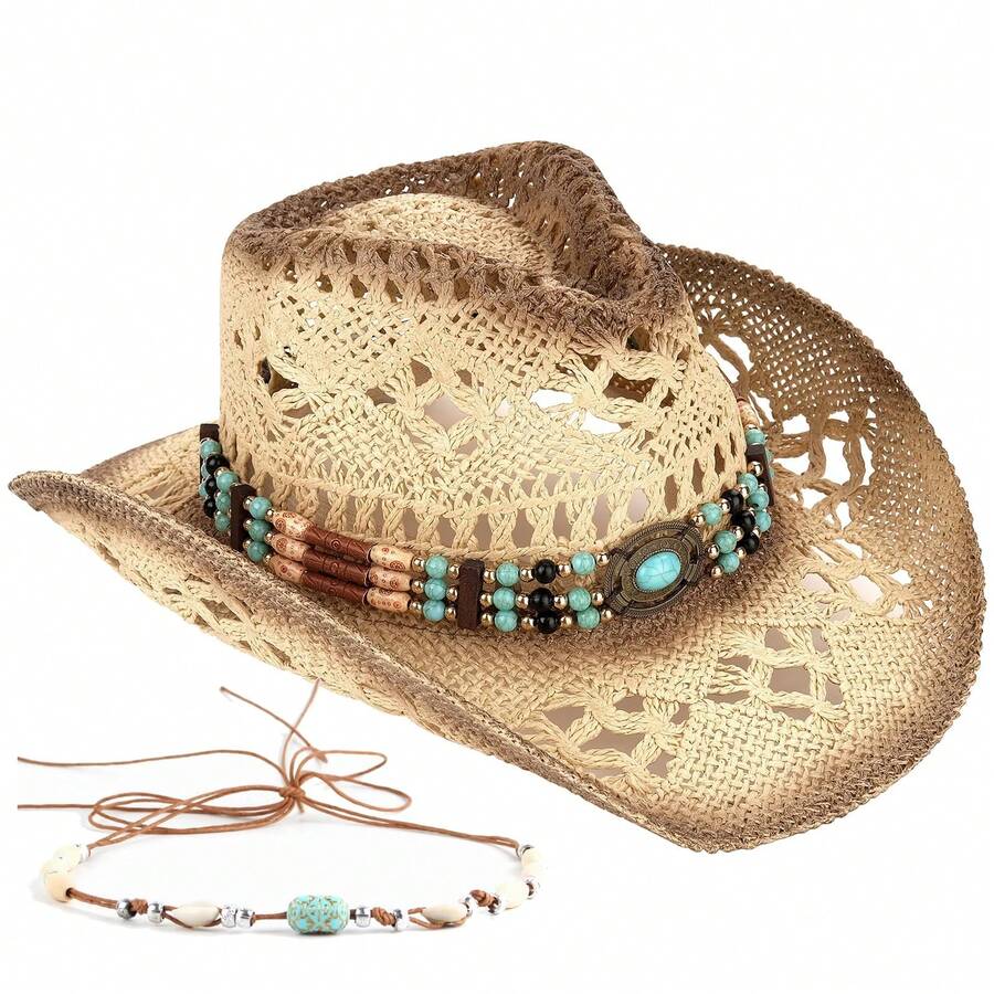 1 Hat And 2 Decorations Unisex Bead Decor Cowgirl Hat Hollow Out Summer Travel Shade Cowboy Hat Dyeing Wide Brim Printed Breathable With Beaded Trim Band Hand Woven Beach Hat Fedora Sun Hat Straw Hat - 米色 - 查看 1