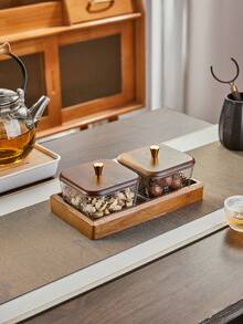 1set Japanese Style Walnut Wood Tray, Creative Glass Fruit Bowl, Square Lid Snack Plate, Multi-Compartment Nuts Dish, For Living Room, Wedding Party, Birthday, Picnic