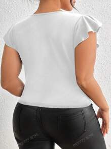 Women Plus Size V-Neck Mesh Elegant High-Stretch Solid Color Patchwork Ruffle Sleeve T-Shirt, Cap Sleeve Tops For Spring/Summer, Concert Outfit Women Rave Outfits Festival
