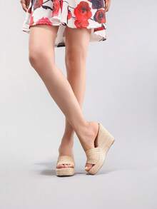 女士绳索厚底坡跟凉鞋，编织带露趾高跟凉鞋，休闲度假，轻便舒适 - 卡其色 - 查看 7