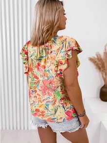 Áo thun nữ tay ngắn cổ chữ V in hoa, viền bèo nhún, áo chui đầu thời trang cho mùa hè - Nhiều màu - Xem 2