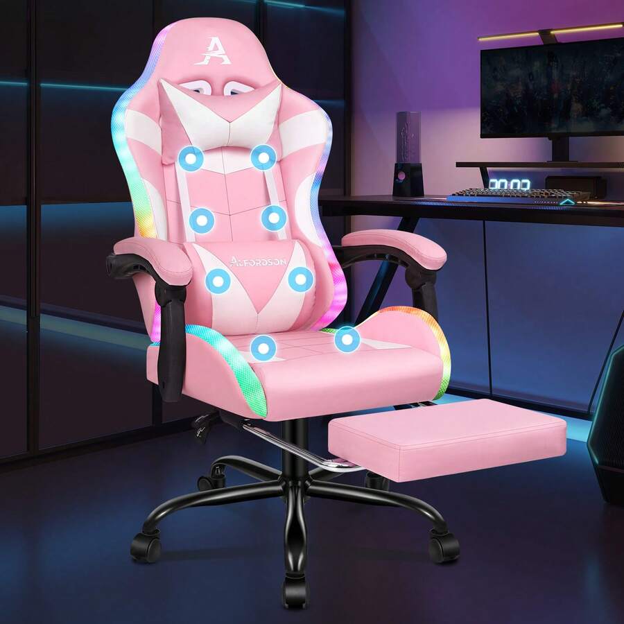 ALFORDSON Gaming Massage Chair, Massage Racing Chair With LED, Ergonomic Desk Chair With 150° Tilt, Retractable Footrest, PU Leather, Height Adjustable, 180 Kg Load Capacity - 粉色 - 查看 1