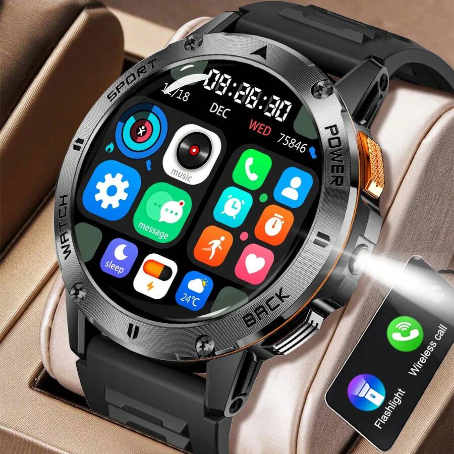 GUHUAVMI 智能手表（接听/通话），1.53 英寸圆形全触控屏，男士智能手表，健身追踪器，无线通话，LED 手电筒，音乐控制，消息推送，多种运动模式，防水/睡眠监测，计步器，兼容安卓和 iOS 系统