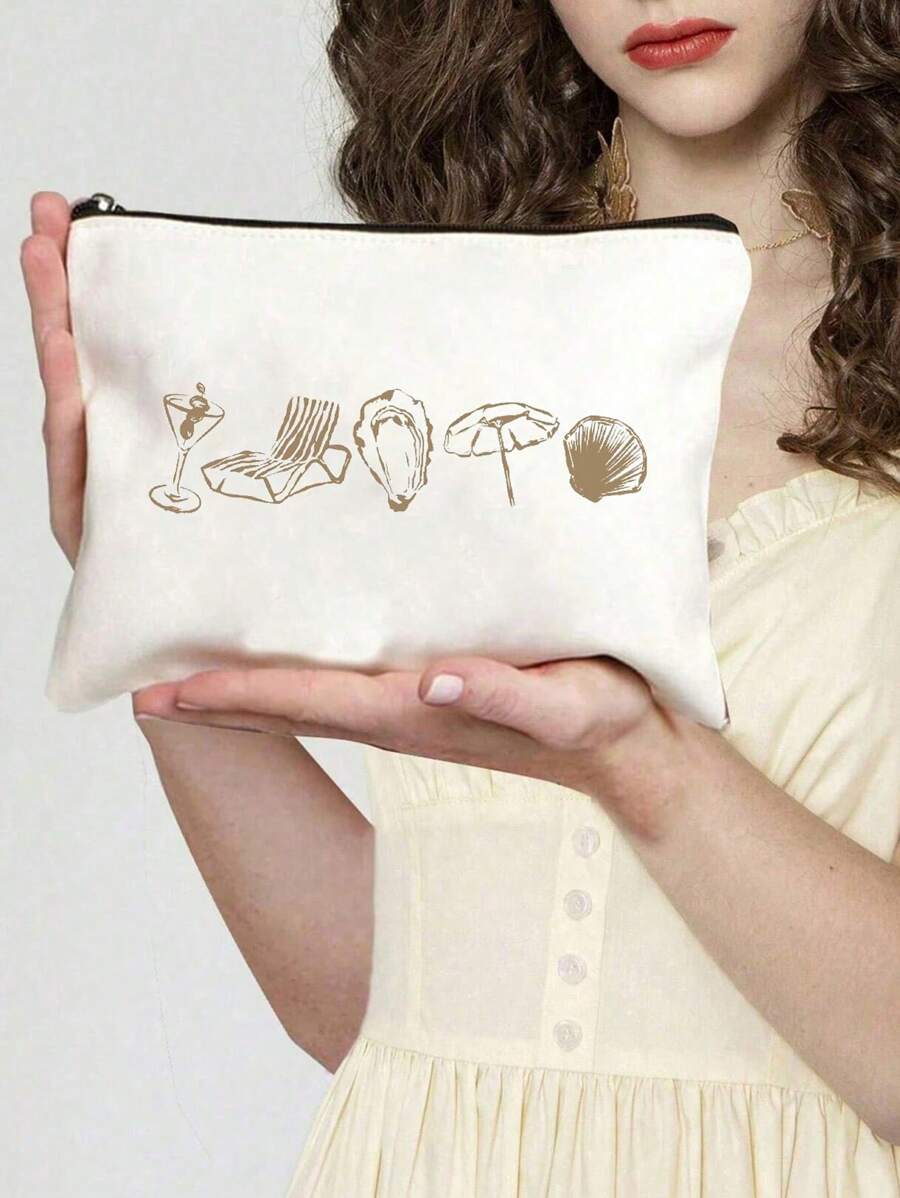 Coastal Wedding Makeup Bag – Hand-Drawn "Last Toast On The Coast" Design With Tropical Elements – Polyester Pouch For Brides & Bachelorette Parties Graduation Back To School Supplies