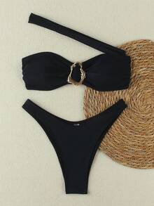 Polovedo官方性感纯色单肩女士比基尼泳衣 - 黑色 - 查看 2