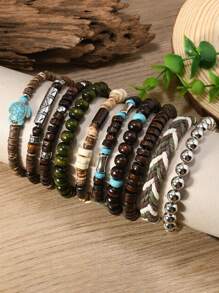 10pcs/Set Bohemian Style Wooden Bead, Sea Turtle, Coconut, Turquoise Bracelet Set, Suitable For Men's Daily Wear