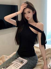 法式不对称领口短袖针织上衣，设计感十足的修身夏季衬衫 - 黑色 - 查看 4