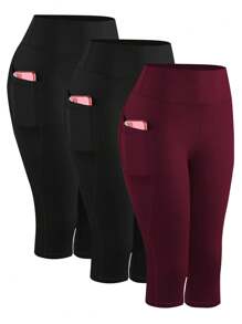 3pcs/Set Pocket Decorated Form-Fitting Plus Size Printed High Waist Slimming Yoga Pants, Tight Fit Sports Cropped Leggings