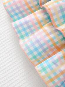 1件女婴百搭甜美可爱时尚无袖吊带格子层叠蛋糕蝴蝶结装饰连衣裙，夏季休闲日常穿着