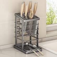 Stainless Steel Knife Holder - Kitchen Countertop Organizer With Drain Tray, Space-Saving Cutlery Storage