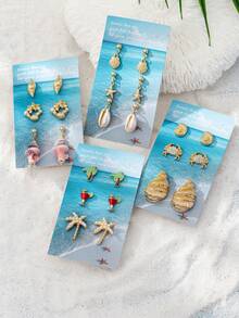 Set de 3 pares de aretes de playa para mujer, aretes con diseño de vida marina como cangrejo, concha y estrella de mar, accesorios de joyería de estilo vacacional - Ver 7