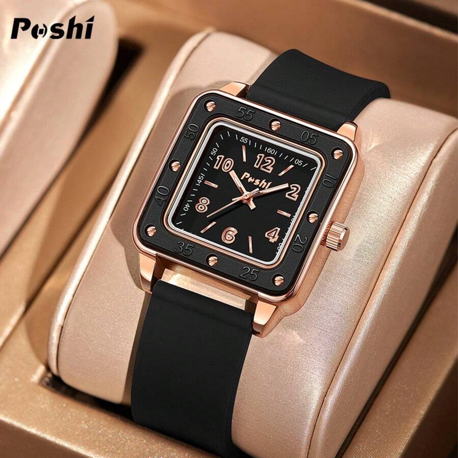 Poshi 1pc Women's Fashion Casual Square Quartz Watch With Soft Silicone Band - Black - View 1