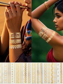 4张纹身贴纸 临时纹身 古铜色纹身 金银色手臂身体纹身 酷炫手镯 夏季女孩金色时尚纹身贴纸