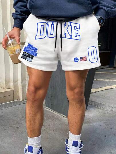 男士纯色字母印花抽绳腰口袋宽松休闲运动短裤