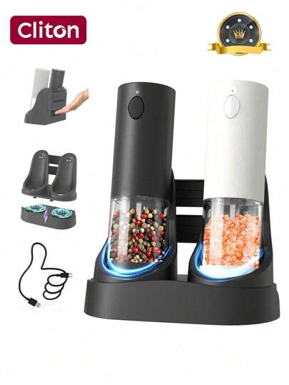 CLITON Electric Salt And Pepper Grinder Set,Spice Grinder Automatic Pepper Mills With Easy-To-Carry Dual Charging Station, White Led Light, And Adjustable Coarseness, Electric Salt And Pepper Grinder Set Automatic Salt And Pepper Grinder Set With Charging Base , Adjustable Coarseness, USB Rechargeable, Washable Container,Christmas Gifts, New Year Gifts, Birthday Gifts, Kitchen Gifts, Anniversary Gifts,White & Black,Stainless Steel