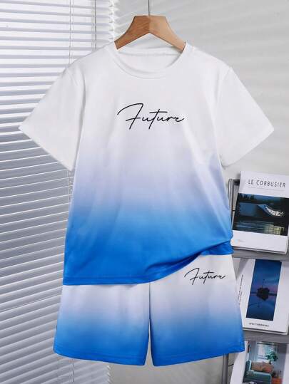2pcs/Set Tween Boys Casual Tie-Dye Letter Graphic Tee & Shorts Set, Spring/Summer