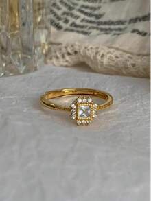 GAGAFEEL 1 Piece Of Delicate S925 Sterling Silver With Sparkling Square Cubic Zirconia Ring, Women's Birthday Party Gift - Gold - View 5