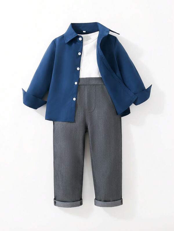 2 pezzi Completo casual e confortevole composto da camicia a maniche lunghe con colletto alla coreana e pantaloni grigi per ragazzi in autunno