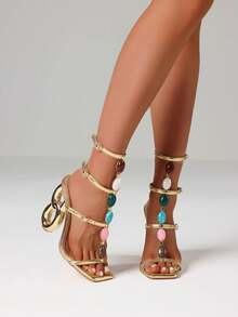 Women's High Heels Sandals Fashion Beaded Ankle Strap Open Toe Party Dress Sexy Sculptural Heels Summer Sandals Woman - 金色 - 查看 4