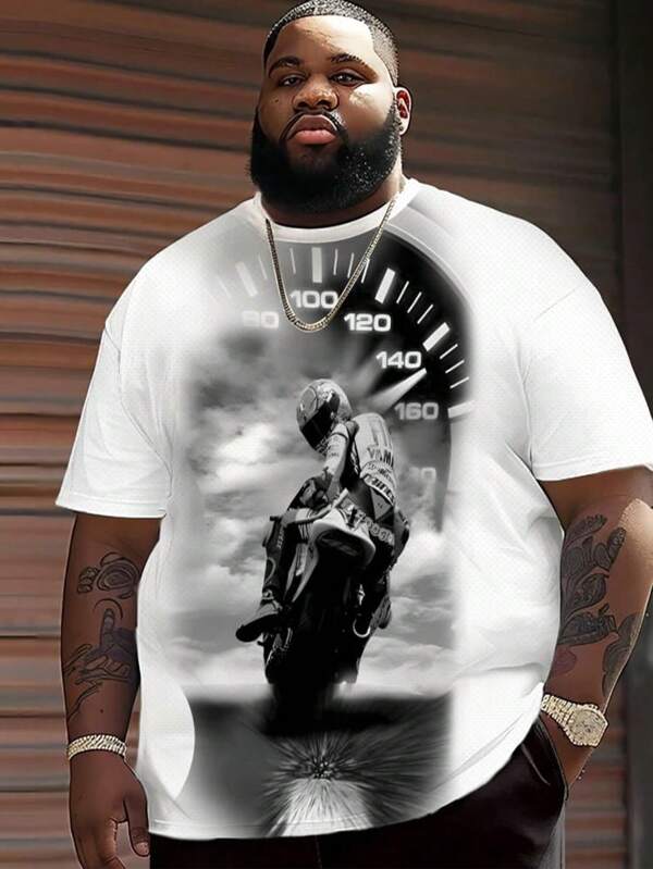 T-shirt imprimé tachymètre moto pour hommes grande taille, mode et respirant à manches courtes