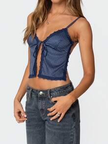 Women Tie Front Split Cami Tank Top Y2K Dots Print Lace Trim Spaghetti Strap V Neck Slim Fit Camisole Crop Tops Sexy Backless Sleeveless Low Cut Vests Shirts Summer Going Out Tops Streetwear - 藍色 - 查看 5