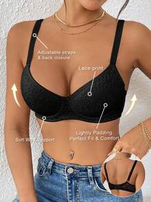1 件女士花卉和向日葵印花文胸，全罩杯，配有柔软钢圈支撑，可调节肩带，不可拆卸轻垫 - 黑色 - 查看 4