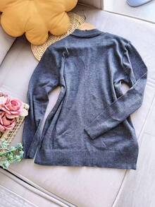 V Neck Plus Size Basic Long Sleeve Winter Knit Top Women Fashion - 深灰色 - 查看 2