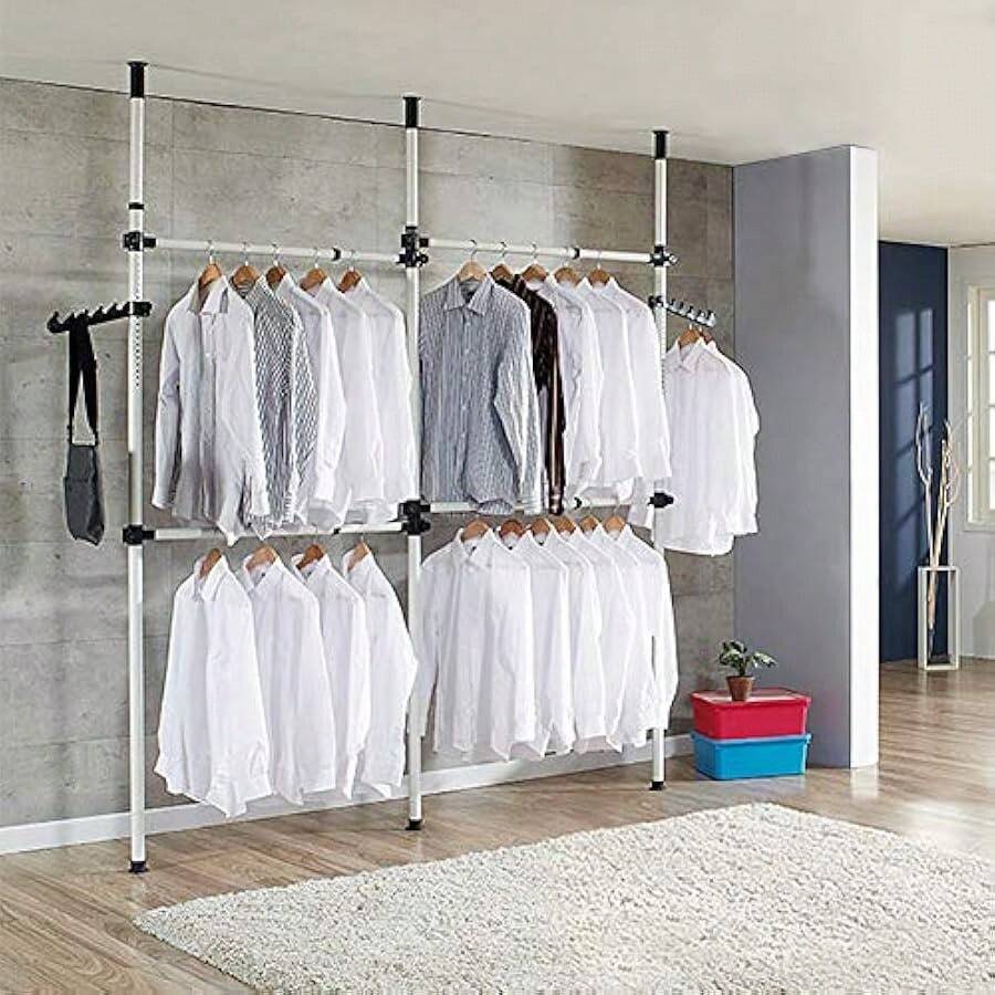 Cocoarm Telescopic Clothes Rail - Adjustable Wardrobe Organiser Heavy Duty Clothes Pole System 3 Poles 4 Bars - as pic - View 1