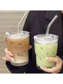 1pc,Coffee Cup, Ins Style Vertical Striped Glass Straw Cup, Highly Attractive Milk Cup, Household Beverage Water Cup, Beer Cup, Whiskey Glass