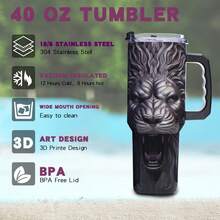 Gome 40oz Lion Tumbler With Handle For Men – Fierce & Bold Insulated Stainless Steel Cup, Birthday Gift For Boyfriend, Husband, Or Father, With Lid & Straw - Black - View 2