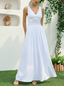 Damen weißes elegantes Kleid mit V-Ausschnitt, hoher Taille und Rüschenbesatz am Saum, ärmellos, geeignet für Hochzeiten, Partys, Brautjungfern - Weiss - Übersicht 4