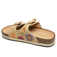 Bohemian Style Flat Sandals With Floral Embroidery And Dual Buckle Straps, Comfortable Casual Summer Wear - Khaki - View 3